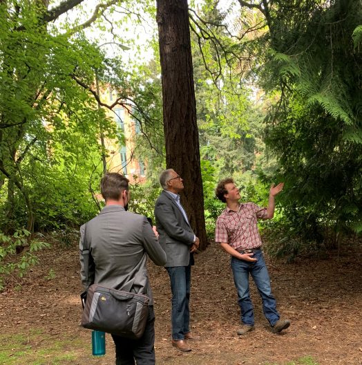 Governor Inslee and Theo Hoss look at Redwoods