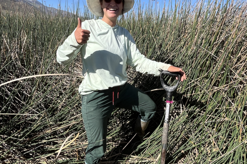 A woman with a shovel stands in a field of tall grass