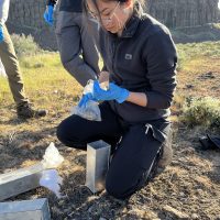 A girl bends down on the ground to collect soil samples for microbiology research.