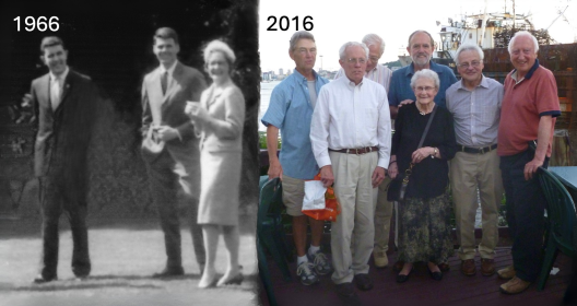 On the left a black and white photograph from 1966 with two men and a woman. On the right a photograph taken on Lake Union in Washington state of a group of people.