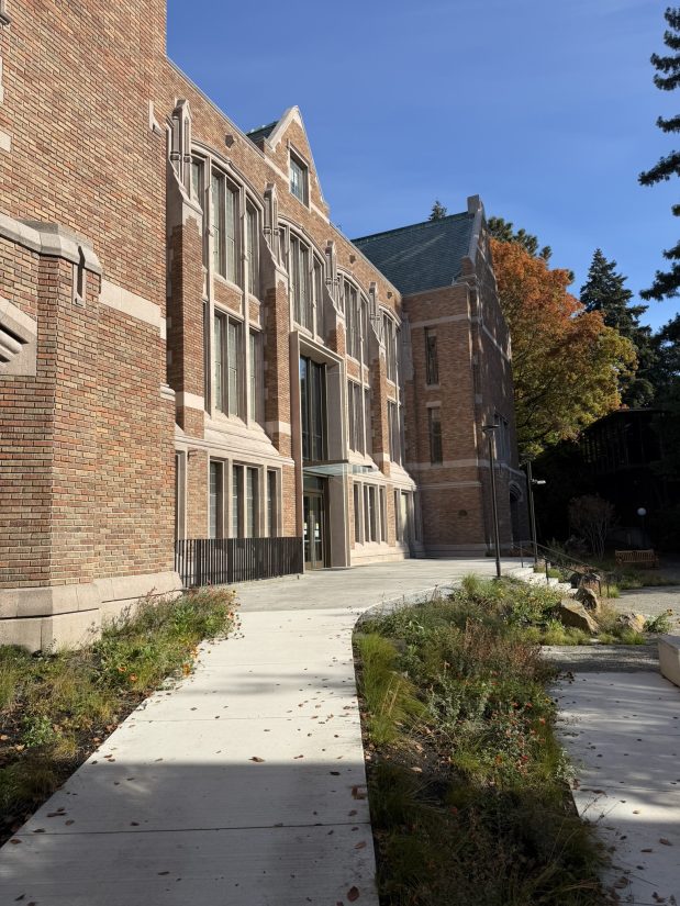 The south facing terrace and courtyard at Anderson Hall.